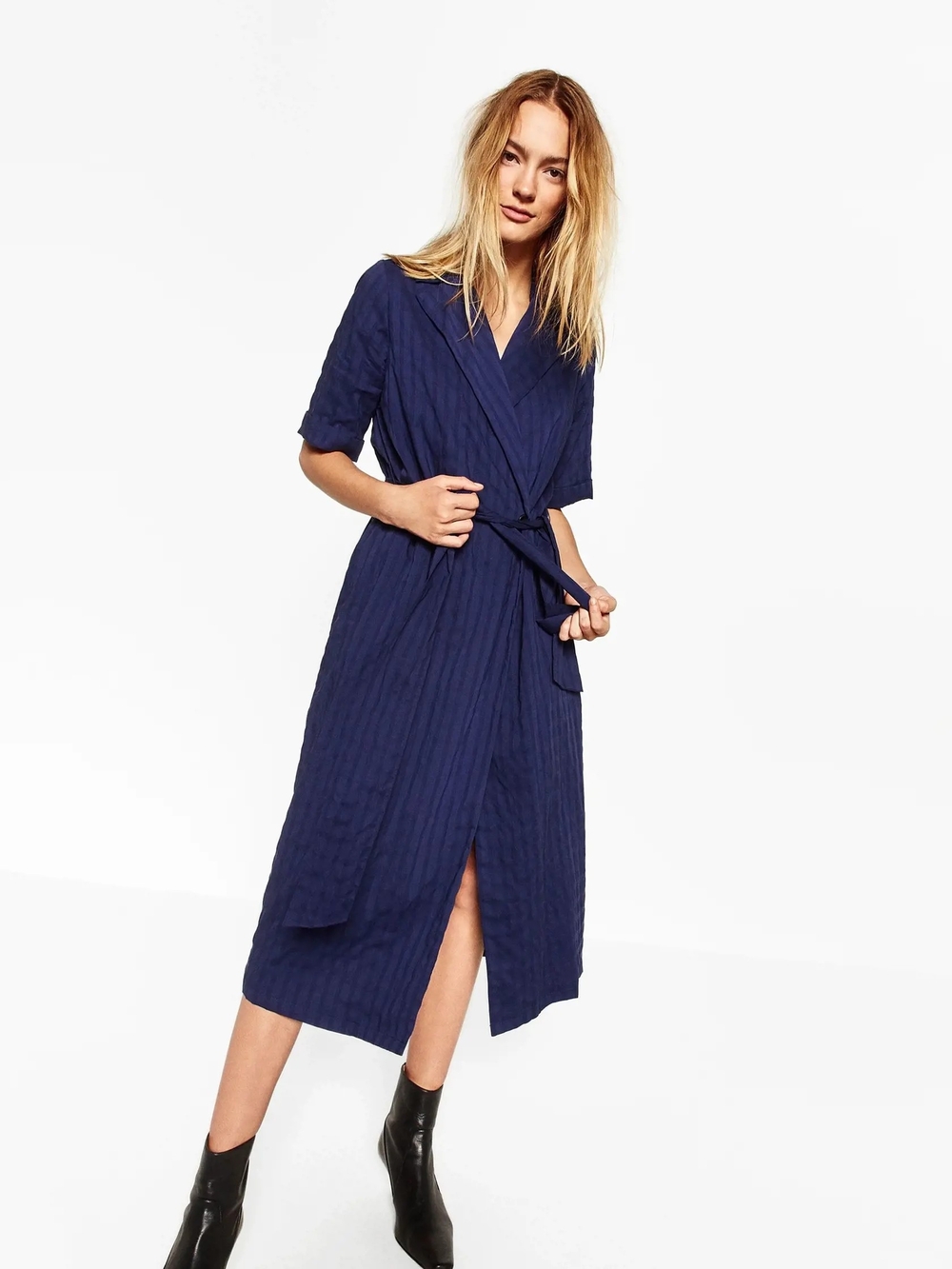 Zara Deep Navy Wrap Midi Dress with Tie Waist Sz S-M